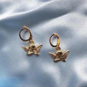 Gold Angel Wing Cherub Huggies Earrings